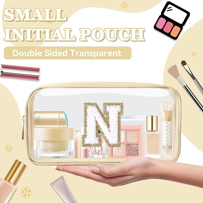 Small Clear Personalized Initial Makeup Bag,Nylon Preppy A-Z Chenille Letter Patch Cosmetic Pouch Beach Toiletry Bag,Waterproof Zipper Travel Purse Storage Bag Organizer for Women Girls(Beige-White N)
