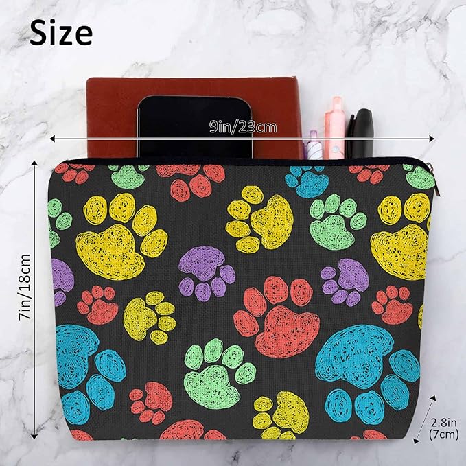 Woman Makeup Bag Dog Paw, Rainbow Doodle Paw Prints Cat Footprint Makeup Bags Travel Cosmetic Bags Toiletry Makeup Organizer Pencil Pouch Make Up Cosmetic Bag For Owners Lady Birthday Gifts