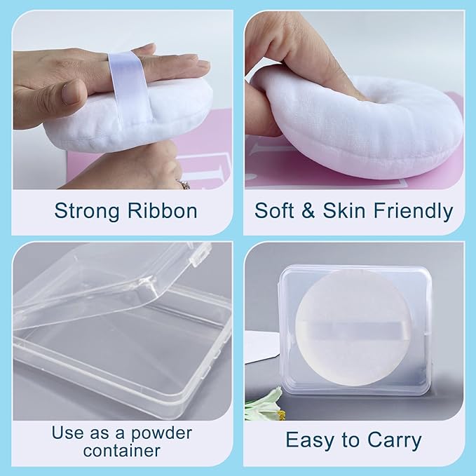 2 PCS Large Body Powder Puff with Container - 5 Inch Fluffy Cotton Powder Puff for Body Powder, Loose Mineral Foundation, and Dusting Powder, Big Powder Puff for Smooth and Even Application