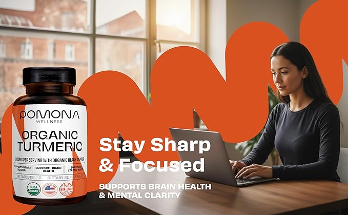Pomona Wellness Organic Turmeric Supplement 2100 mg, USDA Organic, Non-GMO, Vegan, Turmeric Curcumin with Black Pepper for Absorption, for Joint Support and Immunity, 90 Tablets