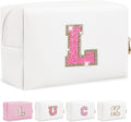 Initial Letter Patch Makeup Bag, Small Preppy A-Z Glitter Letter Cosmetic Bag, PU Leather Waterproof Travel Toiletry Bag, Cute Make Up Pouch Personalized Monogrammed Gift for Women Teen Girls
