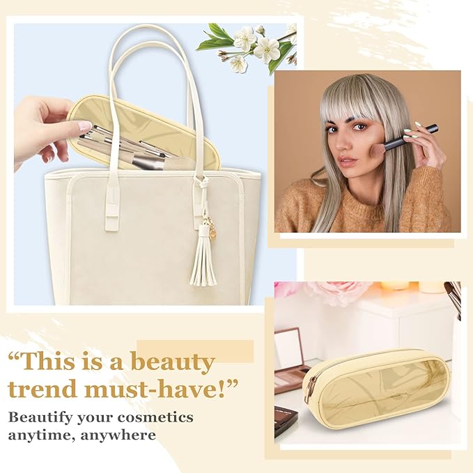 Nylon Slim Makeup Bag, Cute Preppy Cosmetic Zipper Pouch, Travel Toiletry Bag Clutch Coin Pouch for Women Girls (Beige)