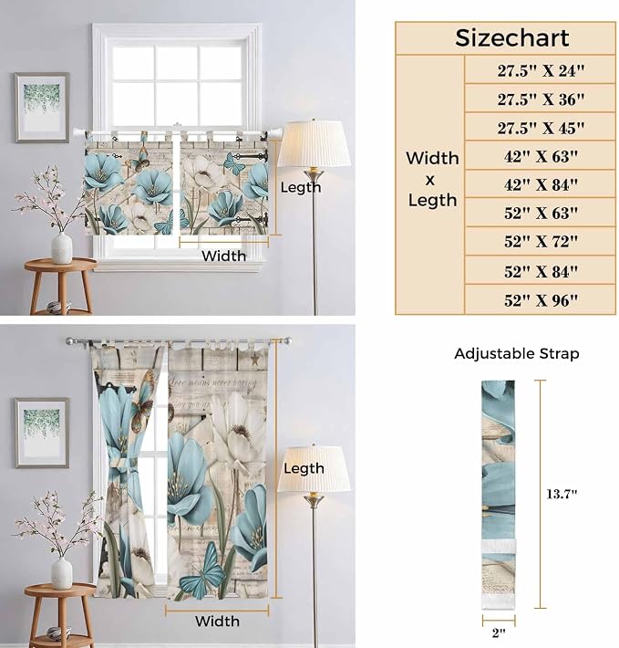 Teal Blue Tulips Bedroom Curtains 63 Inch Length, Window Curtains Tab Top - Image 8