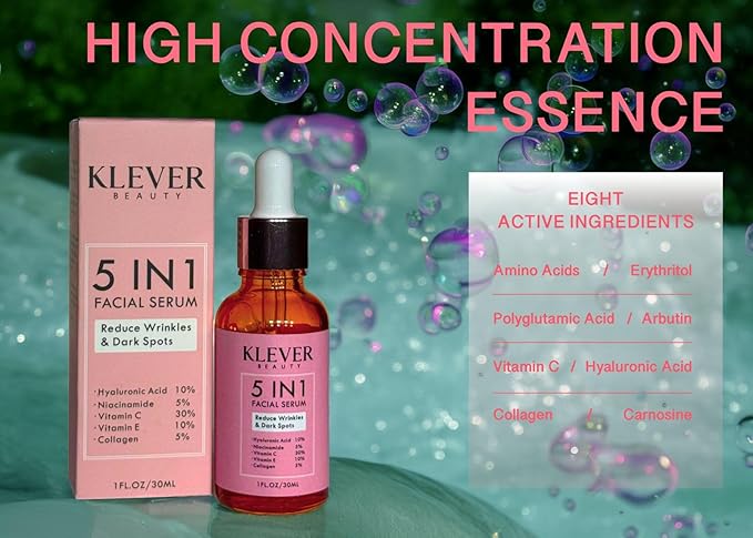 Anti-Aging Face Serum with Hyaluronic Acid, Vitamin C, Collagen, Niacinamide & Vitamin E – Hydrating Facial Treatment for all skin types – KLEVER Beauty, 30 ml