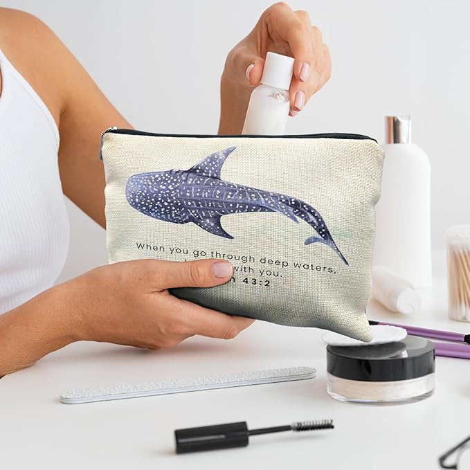 Whale Shark Christian Makeup Bag Pouch, Christian Shark Gifts for Women, Bible Verse Gifts Isaiah 43:2, When you go through deep waters I will be with you
