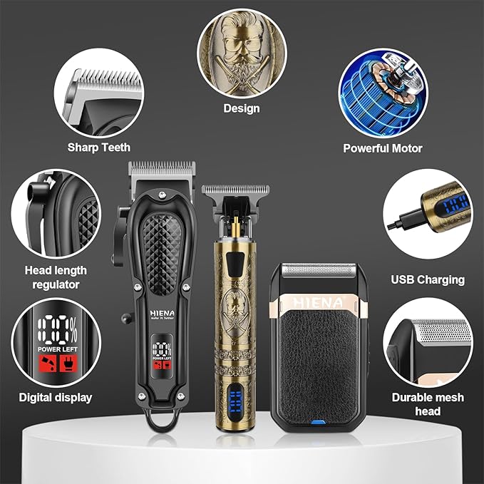HIENA PRO Professional Hair Clippers for Men, Cordless Hair Clipper for Hair Cutting Kit 3-in-1 LED Haircut Set with Foil Shaver, USB-C Rechargeable Barber Clippers for Men