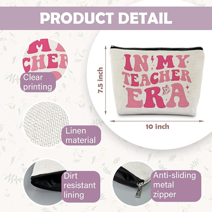 in My Teacher Era Makeup Bag, Teacher Appreciation Gifts Cosmetic Bags for Women, End of Year Teachers Gifts, Groovy Pink Preppy Aesthetic Zipper Makeup Pouch for Teachers