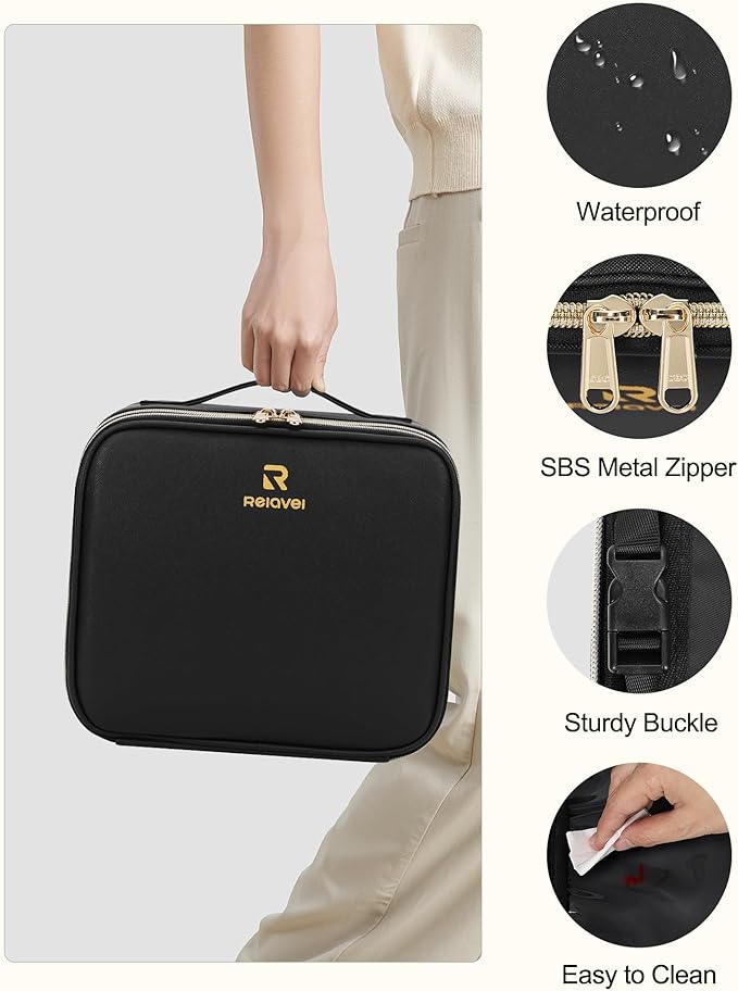 TANTO Travel Makeup Bag with LED Mirror Double Layer Makeup Case with Lighted Mirror Dual Layer Cosmetic Train Case Portable Artist Organizer Bag with Dividers and Rechargeable Vanity (Black, Small)