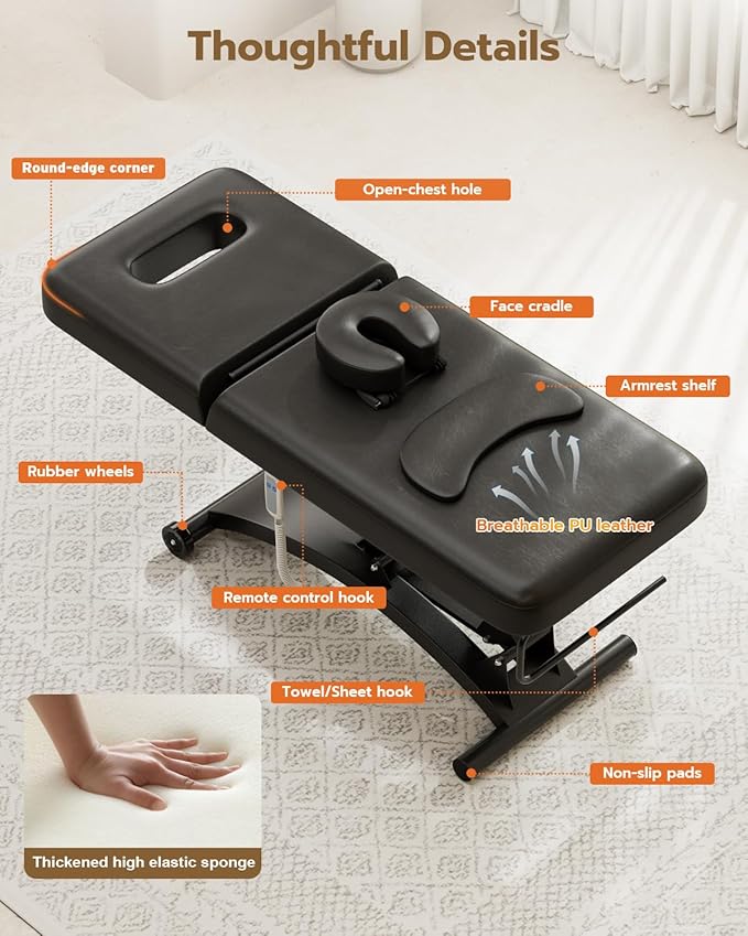 Paddie 550lbs Electric Lift Massage Table Professional for Treatment/Facial/Beauty/Spa/Physical Therapy, Adjustable Backrest/Face Cradle/Rolling Wheels, Black