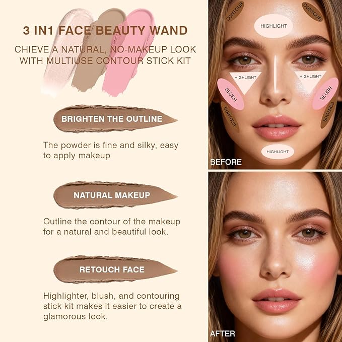 3Pcs Cream Contour Sticks, Shades with Highlighter & Bronzer & Blush, Makeup Kit for Sculpt the Cheeks Long Lasting Dewy & Matte Finish Lightweight Face Contouring Pen LIGHT MEDIUM (SET-B)