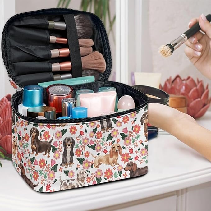 JoyLamoria Dachshund Rose Cosmetic Bag Outdoor Travel Makeup Bag Cute Cosmetic Wallet Coin Purse