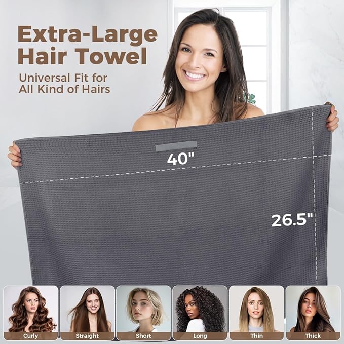 HOMEXCEL 2 Pack XL Microfiber Hair Towels Waffle Weave- 40 x 26.5 inches Fast Drying Turbans for Long, Thick, Curly Hair - Anti Frizz Wrap with Elastic Strap, Black/Grey