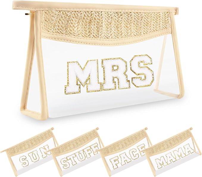 Small Boho Straw Clear Mrs Makeup Bags for Women&Girls, Zipper Cosmetic Bag Chenille Varsity Letter Patch Bag, Preppy Cute Toiletry Pouch, Trendy Organizer Storage Bag for Beach Travel Essentials