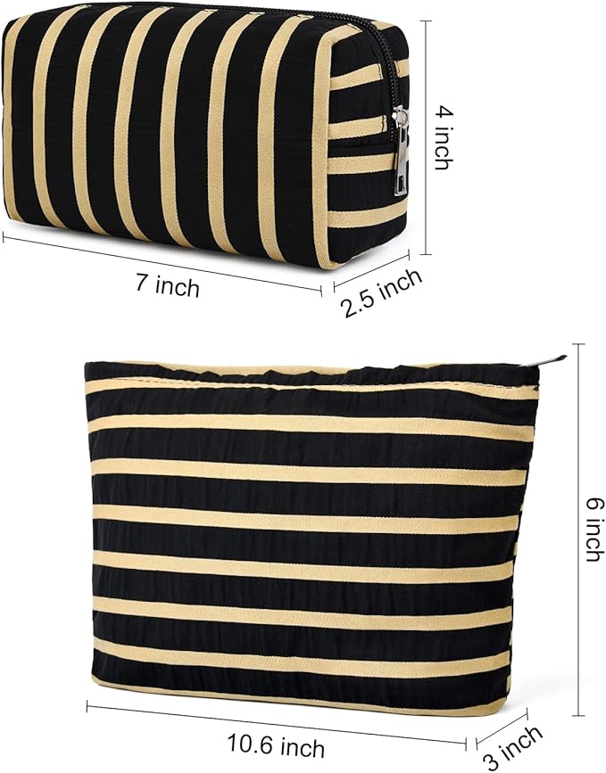 SOIDRAM 2 Pieces Makeup Bag Large Stripe Cosmetic Bag Capacity Canvas Mix Travel Toiletry Bag Organizer Cute Makeup Brushes Aesthetic Accessories Storage Bag for Women, Stripe Mix Black