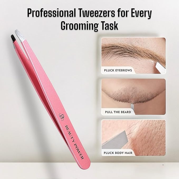 Ultra-Precision Professional Slant Tweezers for Women Facial Hair - German Stainless Steel, Lightweight Black Tweezers for Women & Men, Ideal for Eyebrow & Facial Grooming (Pink)
