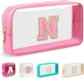 Small Clear Personalized Initial Makeup Bag,Nylon Preppy A-Z Chenille Letter Patch Cosmetic Pouch Beach Toiletry Bag,Waterproof Zipper Travel Purse Storage Bag Organizer for Women Girls(Pink-Pink N)