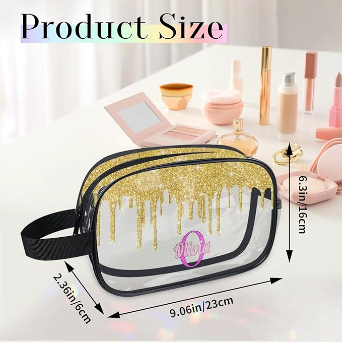 Personalized Clear Makeup Bag with Name, Transparent Travel Cosmetic Bag for Women, Friends, Mother's Day, Bridesmaid, Bride, Wedding, Graduation, Yellow Glitters Water Fluid Shape Sequins