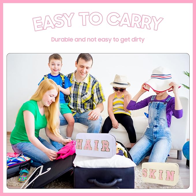 4 Pcs Nylon Cosmetic Bags Travel Organizer Chenille Letter Makeup Pouch Zipper Preppy Waterproof Hair Bag Toiletry Pouch for Women Girls Pinks