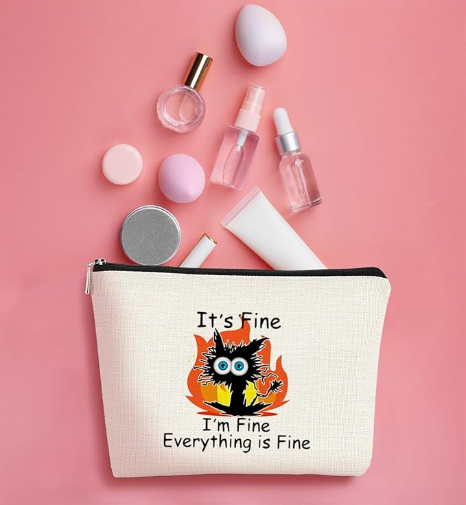Funny Cute Cat Makeup Bag,Its Fine Im Fine Everythings Fine,Black Cat Cosmetic Bag,Fire Keep Calm Small Pouch,Birthday Gift,Coworker Gifts,Cat Lover Gifts for Women