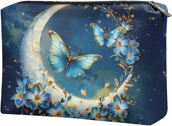 COEQINE Travel Makeup Bag for Women Large Leather Cosmetic Bag with Moon And Butterfly Gothic Makeup Case for Ladies Wallet Handbag