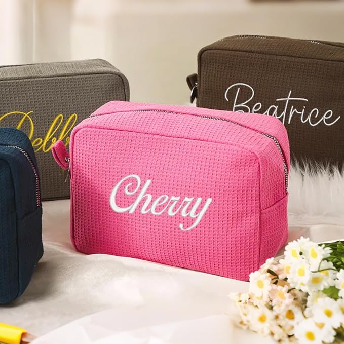Personalized Embroidered Waffle Cosmetic Bags, Custom Thicken Beauty Makeup Packet Bag for Women Girls, Travel Makeup Pouch, Aesthetic Toiletry Case, Bridal Bridesmaid Party, Birthday, Wedding Gifts
