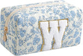 Gleyemor Personalized Initial Makeup Bag for Women, Cute Quilted Blue Floral Cotton Cosmetic Bag, Christmas Gifts for Her Mom Friend Sister Bridesmaid Teacher Women W