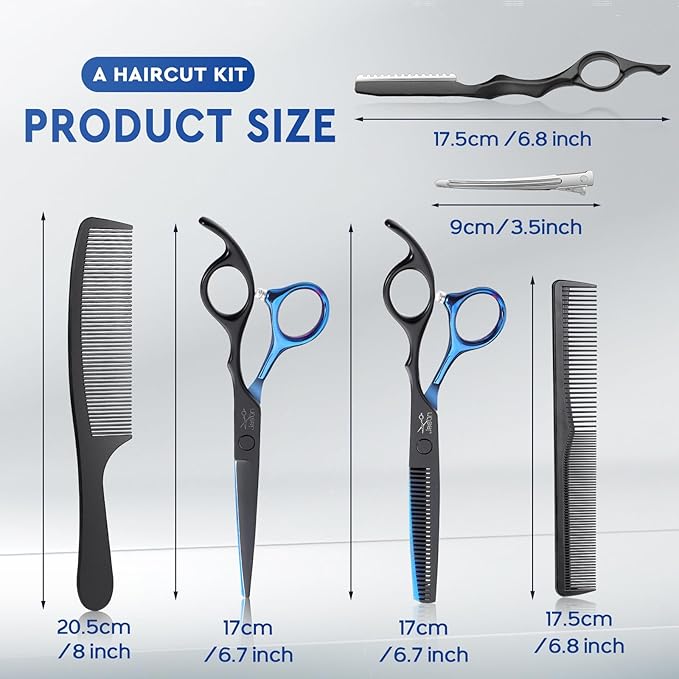 JASON Hair Cutting Scissors Kit - Professional 10 PCS Haircut Scissors Set with 6.7" Thinning/Texturizing Scissors, Straight Shears for Men Women Home Salon Barber (30 Teeth, Black & Blue) Christmas