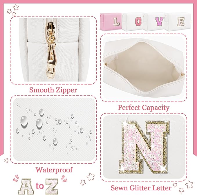 Personalized Initial Letter Makeup Bag, Small Glitter Letter Patch Cosmetic Pouch Zipper, Preppy Makeup Organizer PU Waterproof Travel Toiletry Bag,Monogrammed Birthday Gift for Women Girls(Letter N)