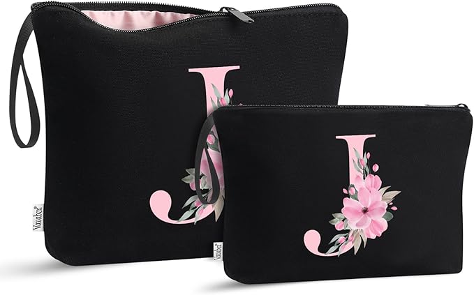 Vavabox A-Z Personalized Makeup Bag, Birthday Gifts for Women Mom, Gifts for Best Friend, Bride Bridesmaid Cosmetic bag (J, 04-Black Set)