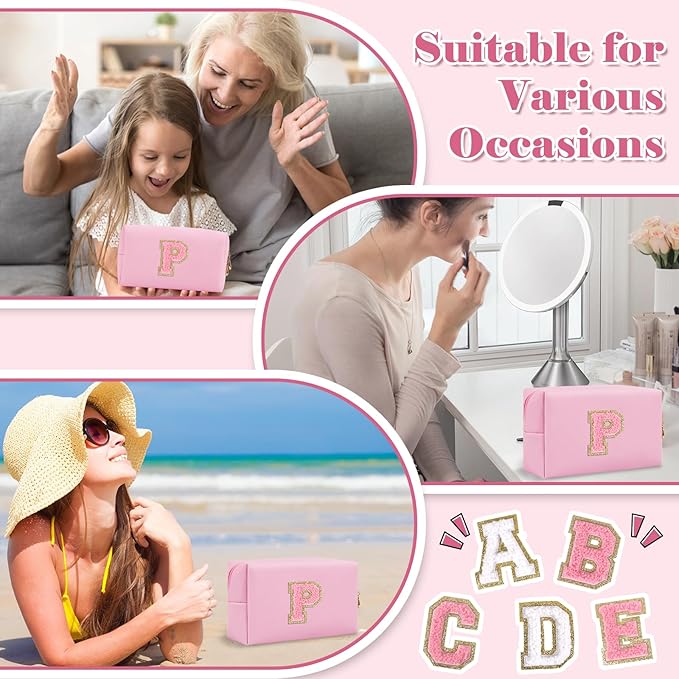 Personalized Initial A-Z Preppy Patch Makeup Bag,Small PU Leather Chenille Letter Cosmetic Bag with Zipper for Teen Girls,Pink Cute Travel Toiletry Bag,Birthday Monogrammed Gift for Daughter,Letter P