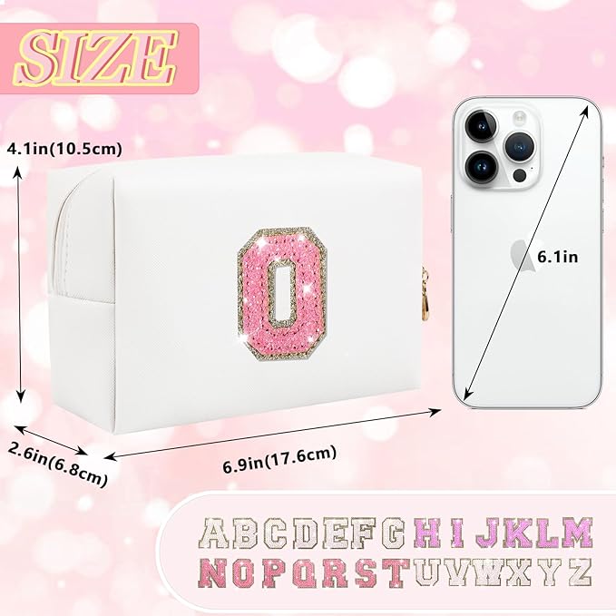 Personalized Initial Letter Makeup Bag, Small Glitter Letter Patch Cosmetic Pouch Zipper, Preppy Makeup Organizer PU Waterproof Travel Toiletry Bag, Monogrammed Birthday Gift for Women Girls