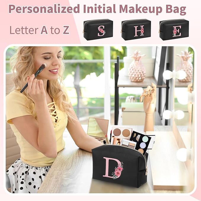 Personalized Initial Makeup Bag, Birthday Gifts for Women and Girls, Small Makeup Pouch Travel Toiletry Bag, Make Up Organizer Bag Gift Trendy Stuff for Friend Mom Teacher, Black