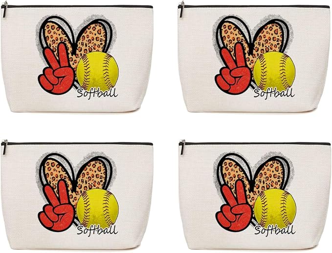 4Pcs Softball Gifts Leopard Makeup Bag Softball Party Favors Inspirational Gifts for Women Softball Sport Team Lovers Coach Mom Fans Cosmetic Bag Zipper Pouch Game Day Christmas Birthday Gift Ideas