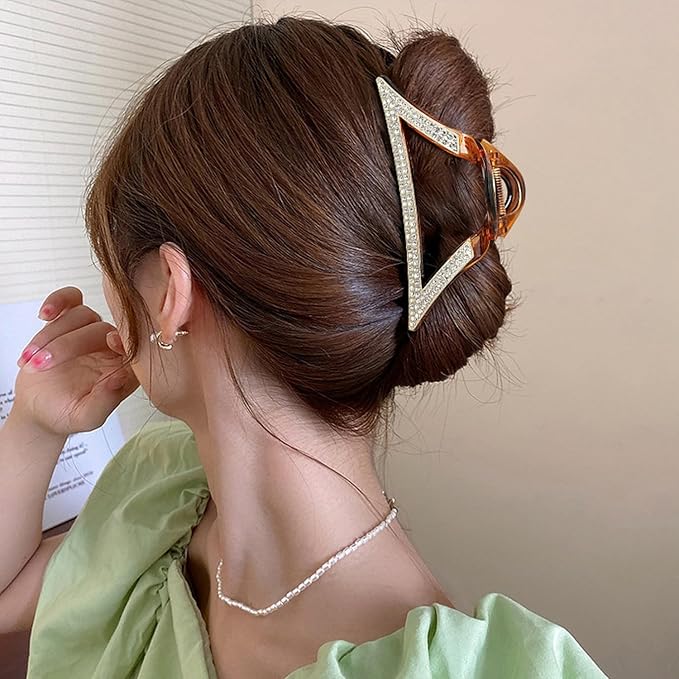SINIDE Rhinestone Hair Clips, Triangle Crystal Claw Clips Nonslip Acrylic Metal Jaw Clip for Thick Long Hair, Fashion Elegant Clamps Accessories for Women Strong Hold Barrette for Styling (2 Pack)