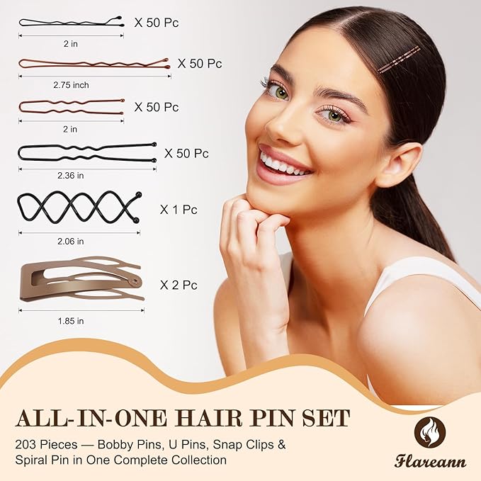 Bobby Pins Set Brown/Black – Mixed Color Kit with Bobby Pins, Snap Clips & Spiral Pin, for Women & Girls, Ideal for Updos, Buns, Parties & Weddings