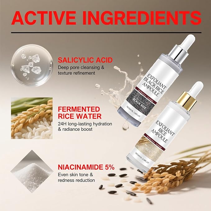 Glow Rice Ampoule Duo - 2PCS White & Black Rice Exfoliant,Rice Exfoliator for Face & Body,Gentle Peel to Remove Dead Skin & Blackheads,Rejuvenating Hydration Rice Ampoule Exfoliant for All Skin Types