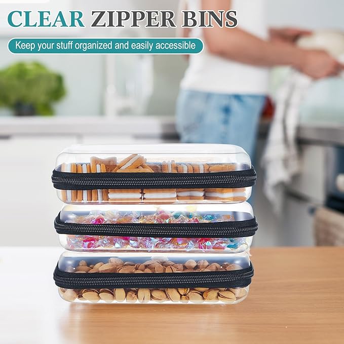 Hoolerry 3 Pcs Clear Hard Zipper Case Plastic Pouch Transparent Hard Case Clear Makeup Bag Portable Travel Organizer Bin for Cosmetics, Building Blocks, Puzzles(Black,S)