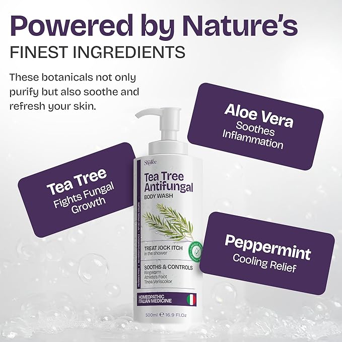 Antifungal Tea Tree Body Wash - Antibacterial Soap for Jock Itch, Eczema, Back Acne, Ringworm Treatment for Humans | Antibacterial Body Soap For Men & Women with 1% Tolnaftate & Tea Tree Oil - 16.9 oz