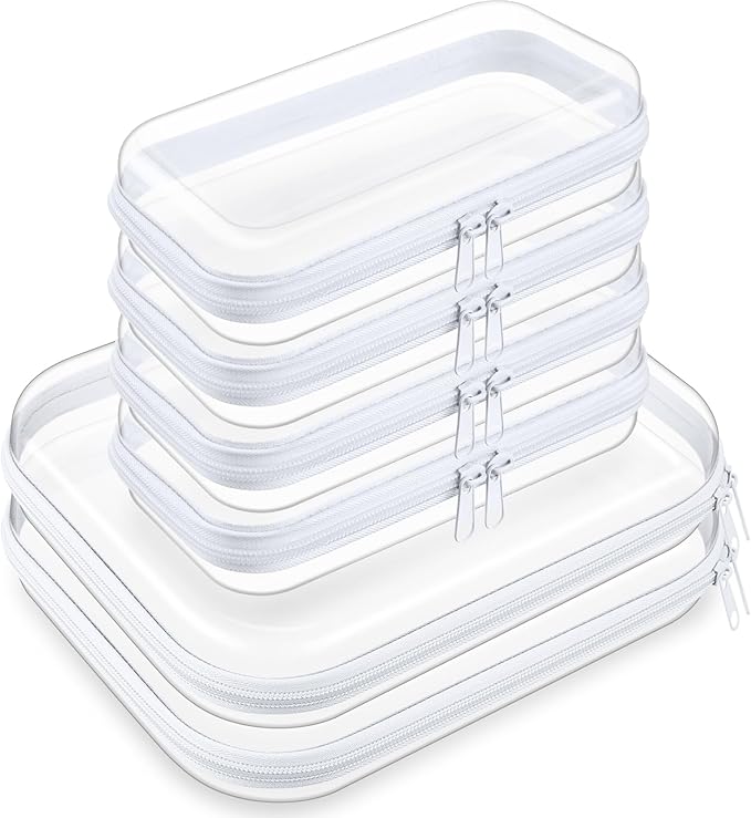 Sanwuta 6 Pcs Clear Hard Zipper Case Hard Plastic Zipper Pouches Makeup Bag Pencil Pouches Transparent Cases for Snacks Plastic Storage Organizer Box for Travel(Clear,Two Sizes)