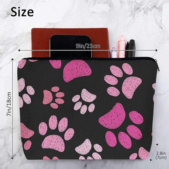 Women Cosmetic Bag Dog Paw, Pet Cat Paws Dog Prints Footprint Cute Makeup Bag For Purse Cosmetic Travel Bag For Toiletries Makeup Storage Bag Flax Skincare Bag Make Up Pouch Bags, Pink Black