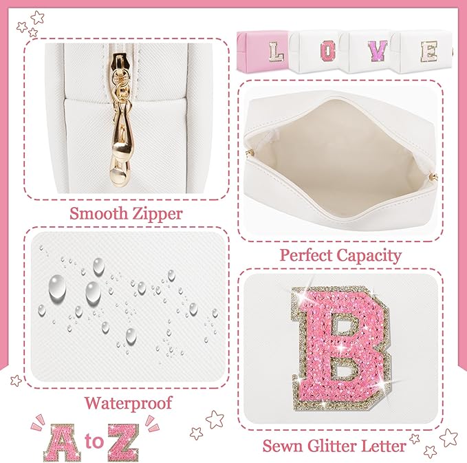 Personalized Initial Letter Makeup Bag, Preppy Glitter Letter Patch Cosmetic Pouch Zipper,PU Waterproof Travel Toiletry Bag Cute Makeup Organizer Monogrammed Make Up Bag,Gift for Women Girls(Letter B)