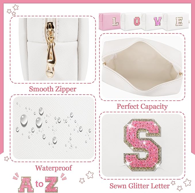 Personalized Initial Letter Makeup Bag, Small Glitter Letter Patch Cosmetic Pouch Zipper, Preppy Makeup Organizer PU Waterproof Travel Toiletry Bag,Monogrammed Birthday Gift for Women Girls(Letter S)
