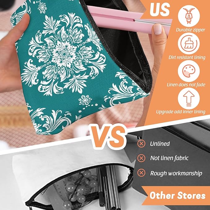 Makeup Bag Travel Cosmetic Bags Small Makeup Case Waterproof Zipper Pouch for Women Girls 7X9inches - White Floral Ornamentation in A Circular Layout