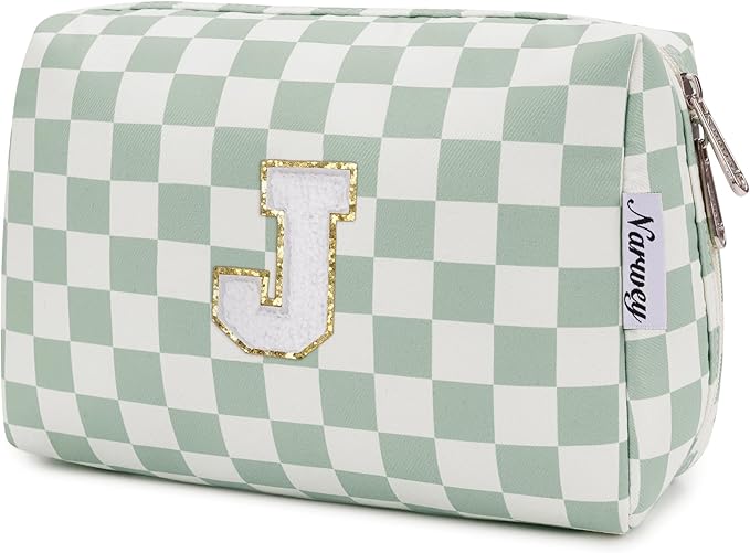 Narwey Birthday Gifts for Teen Girls Women Personalized Initial Checkered Makeup Bag Preppy Cosmetic Bag Trendy Stuff 6 8 10 11 12 13 14 16 18 Years Old Travel Toiletry Bag (Green Letter J)