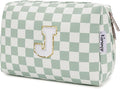 Narwey Birthday Gifts for Teen Girls Women Personalized Initial Checkered Makeup Bag Preppy Cosmetic Bag Trendy Stuff 6 8 10 11 12 13 14 16 18 Years Old Travel Toiletry Bag (Green Letter J)