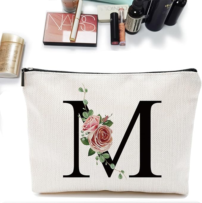 Initial A-Z Personalized Letter Makeup Bag, Monogrammed Bridesmaid Gifts/Presents Cosmetic Bag, Portable Stationery Storage Organizer Pouch, Friendship Love Travel Makeup Bags