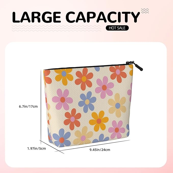 MOLAIGIN Vintage Flower Colorful Daisy Cosmetic Bag For Women, Travel Makeup Bag, Toiletry Zipper Bag, Large Capacity Aesthetic Cases