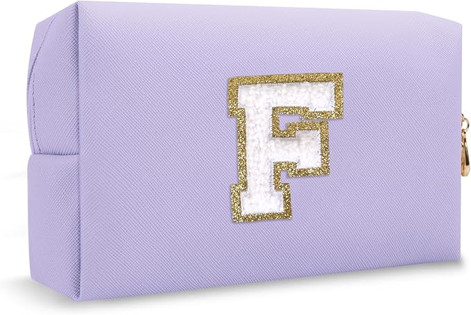 Personalized Small Initial Preppy Makeup Bag, Purple Cute Cosmetic Organizer Chenille Letter Travel Toiletry Zipper Pouch,Portable Waterproof Makeup Case Friendship Gift for Families Friends(Letter F)