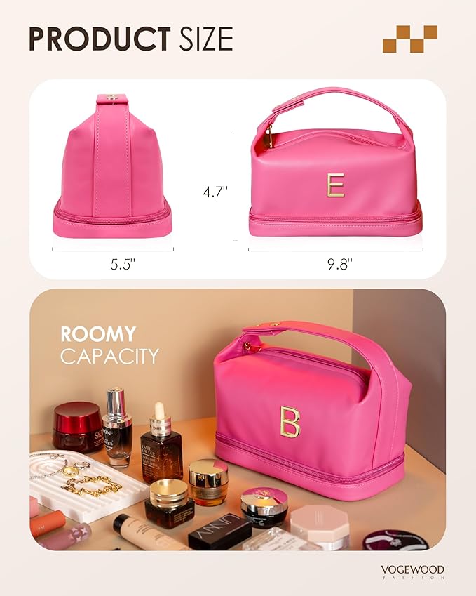 Gifts for Teacher Women, Personalized Makeup Bag with Handle, Initial Double Layer Cosmetic Bag with Makeup Brush Organizer, Cute Cosmetic Pouch for Women, Gifts for Friends Female