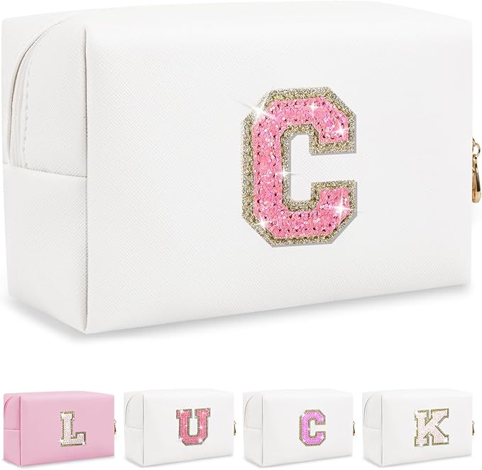 Personalized Initial Letter Makeup Bag, Preppy Glitter Letter Patch Cosmetic Pouch Zipper,PU Waterproof Travel Toiletry Bag Cute Makeup Organizer Monogrammed Make Up Bag,Gift for Women Girls
